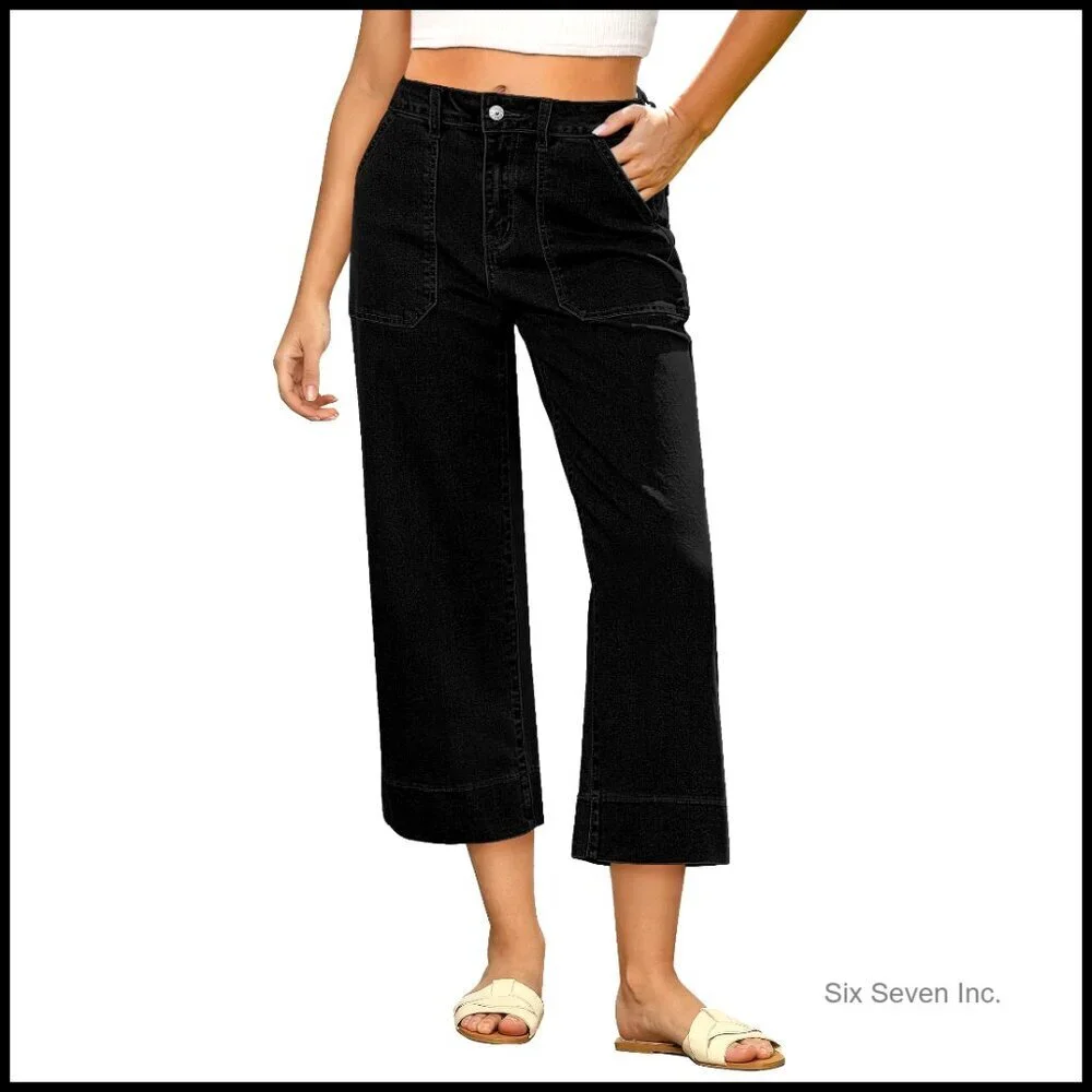 High Waisted Wide Leg Cropped Jeans Stretchy Denim Trendy Y2K Oversized